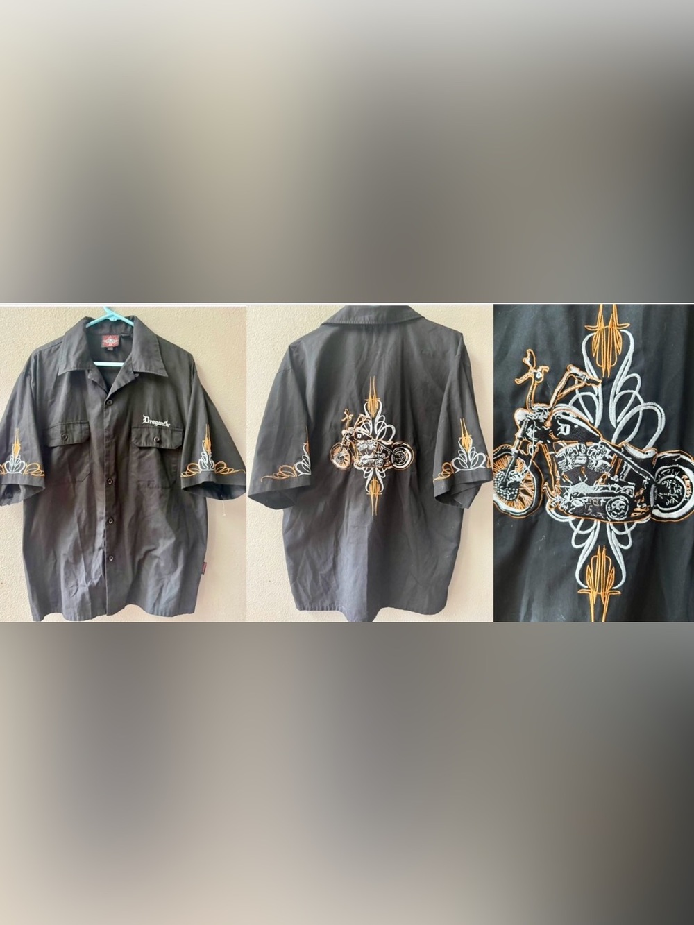Vtg. Dragonfly Roadhouse Biker Embroidery Shirt Button Up Sz. L~RARE